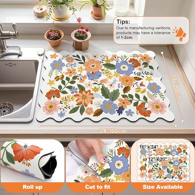 LOKHOM Scalloped Floral Dish Drying Mat, 18"x24" Super Absorbent Coffee Mat with Unique Spring Wildflowers, Cuttable Hide Stain Non-slip Drying Mat for Kitchen Counter Coffee Maker Espresso Machine