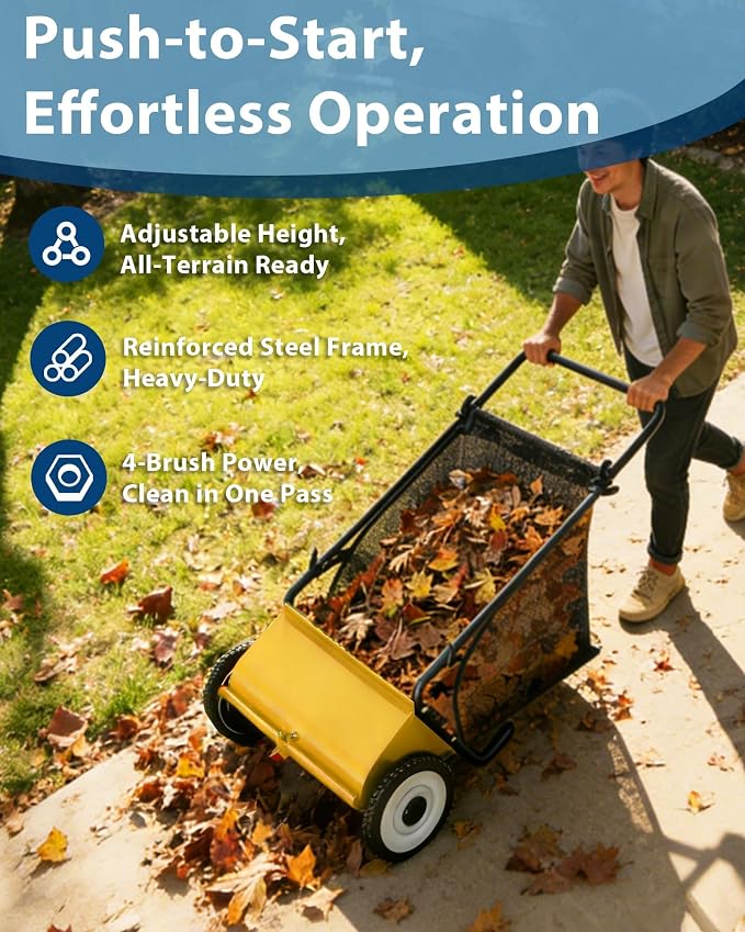 Garvee Push Lawn Sweeper,21-Inch Width Enhanced 4-Brush System with Large 3.5 cu. ft. Hopper Bag, Ideal for Yard and Garden Cleanup, Yellow | Brush Height Adjustment, All-Terrain Suitable, 7 cu.ft Hopper Bag, Durable Steel Frame, Easy Setup, Compact & ...