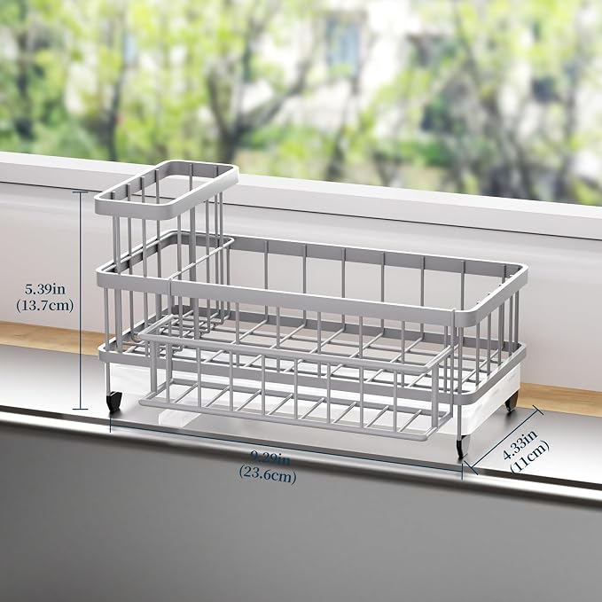 Consumest Sponge Holder for Kitchen Sink - Auto Draining Sink Caddy Organizer with Detachable Rack, High Brush Holder, Kitchen Countertop Storage Accessories, Grey