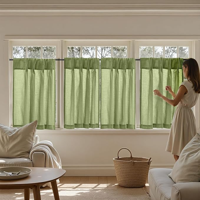 jinchan Linen Pinch Pleated Back Tab Tier Curtains, 26x36, 2 Panels, Green | Light filtering,small window treatment,cafe curtains,machine washable,farmhouse,kitchen,bathrooms,laundry