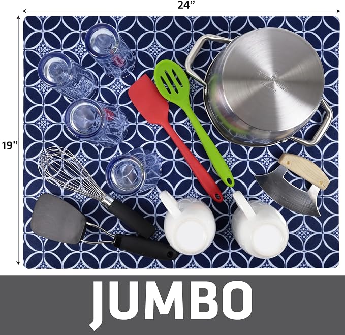 Drymate Jumbo XL Dish Drying Mat (19”x24”), Low-Profile, Super Absorbent, Quick Dry Fabric, Waterproof & Slip-Resistant, for Kitchen Counter, Trimmable, Easy to Clean (USA Made)(Indigo)