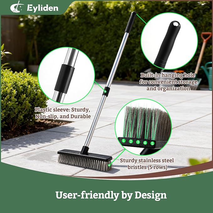Eyliden Push Broom, 11.5-inch, Heavy Duty Moss Wire Scrub Brush | Stainless Steel Bristles, 65" Long Handle, for Deck, Floor, Concrete, Roof, Patio, Pool, Outdoor Cleaning