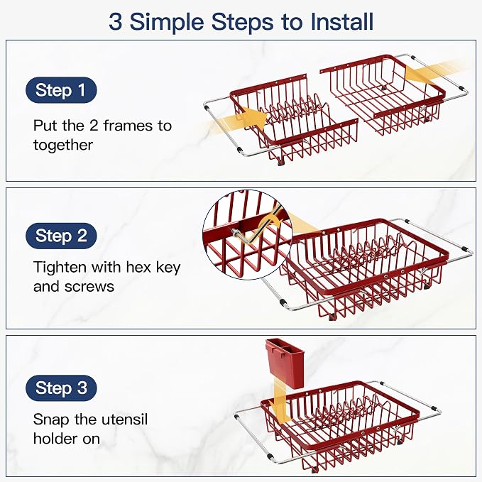 JASIWAY Expandable Stainless Steel Red Dish Drying Rack Over The Sink for Small Kitchen, Counter Space Saving Compact Plate Drainer Strainer, Adjustable Hanging Metal Dish Dryer with Utensil Holder
