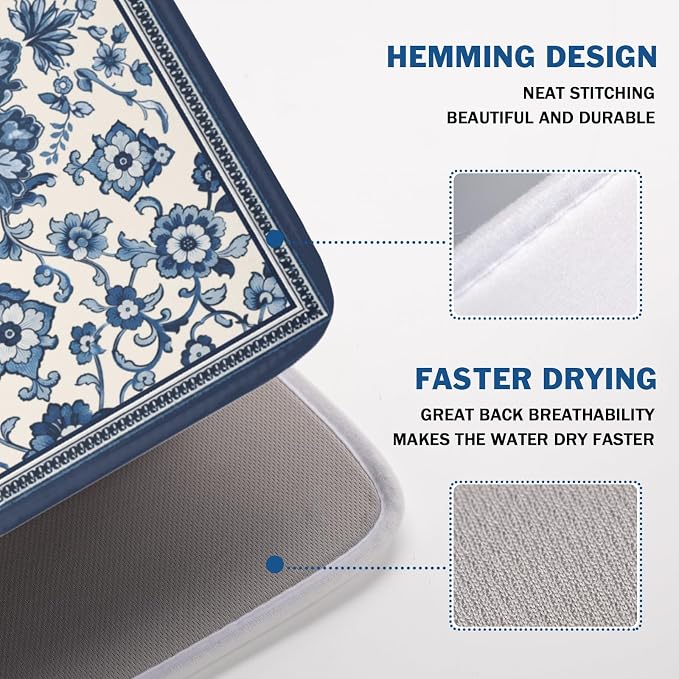 Blue Floral Dish Drying Mat for Kitchen Counter Vintage Flower Pattern Microfiber Dish Drainer Mat Rustic Farmhouse Absorbent Washable Drying Pad Extra Large 18"x24"