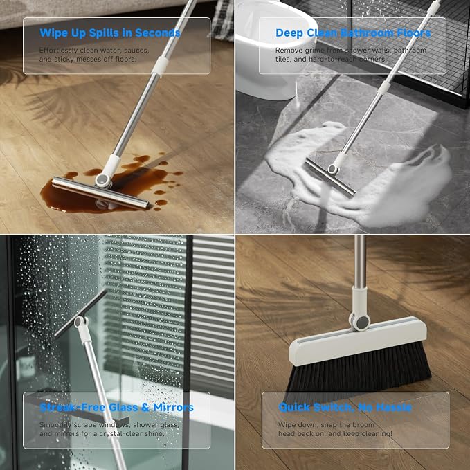 Magic Broom and Dustpan Set with Silicone Broom Squeegee, 55'' Broom with Dustpan Combo Set Self-Cleaning Teeth Design Upright Standing Dustpan for Indoor Floor Home Kitchen