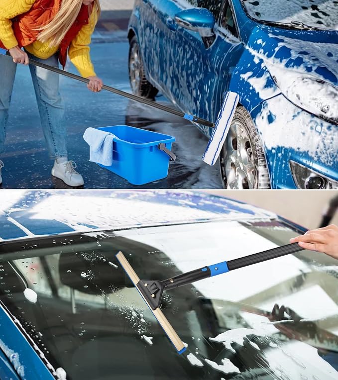 Professional Window Cleaning Kit with 50" Extension Pole, 8-in-1 Window Scrubber Squeegee Set, 14" Flexible Head, 3 Gallon Storage Bucket, Spray Bottle Microfiber Cloths for High Indoor/Outdoor Glass