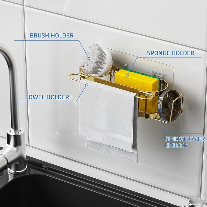 Cisily Kitchen Sink Caddy Sponge Holder in The Sink, Stainless Steel Kitchen Sink Organizer, Brush Holder, Dish Cloth Hanger, Sink Stopper Holder (Suction cup-Gold)