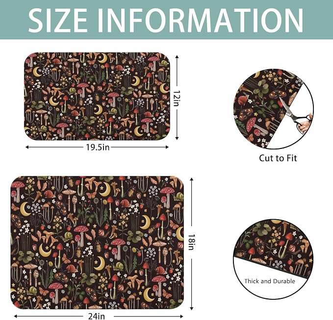 Dish Drying Mat 2-Pack with Mushroom for Kitchen Counter Absorbent Dishes | Diatom Mud Mats (18x24, 19.5x12"). Non-slip rubber back for kitchen counter, coffee bar & sink scenes