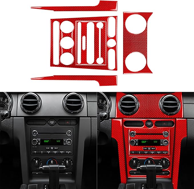 Red Real Carbon Fiber Trim for Ford Mustang Accessories | for GT Shelby 2005 2006 2007 2008 2009 Central Console Panel Air Outlet Vent Kit Interior Thick Overlay Decal 7PCs