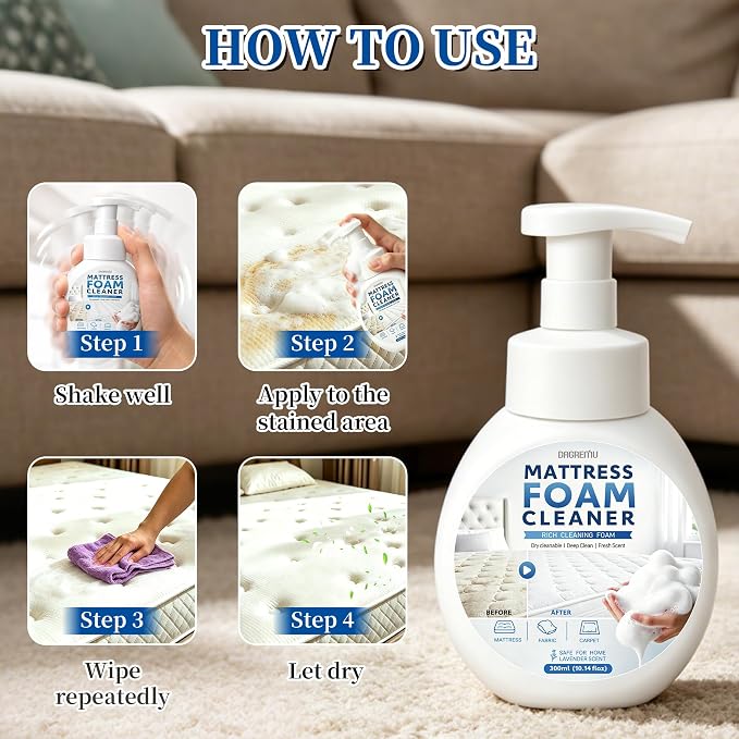 Mattress Stain Remover Spray – Enzyme Cleaner for Bed, Couch, & Upholstery | Upholstery cleaner for mattresses. Lifts yellow stains. No scrub. Safe for kids & pets. Brush & towel included(Lavender)
