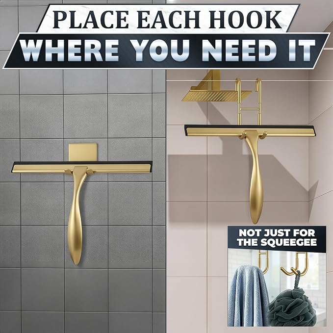 Gold Squeegee for Shower Glass, 10" Silicone Blade, Stainless Steel | Shower Door Squeegee with Hook, Adhesive Mount; All-Purpose Bathroom Tile, Mirror, & Window Wiper for Streak-Free Cleaning