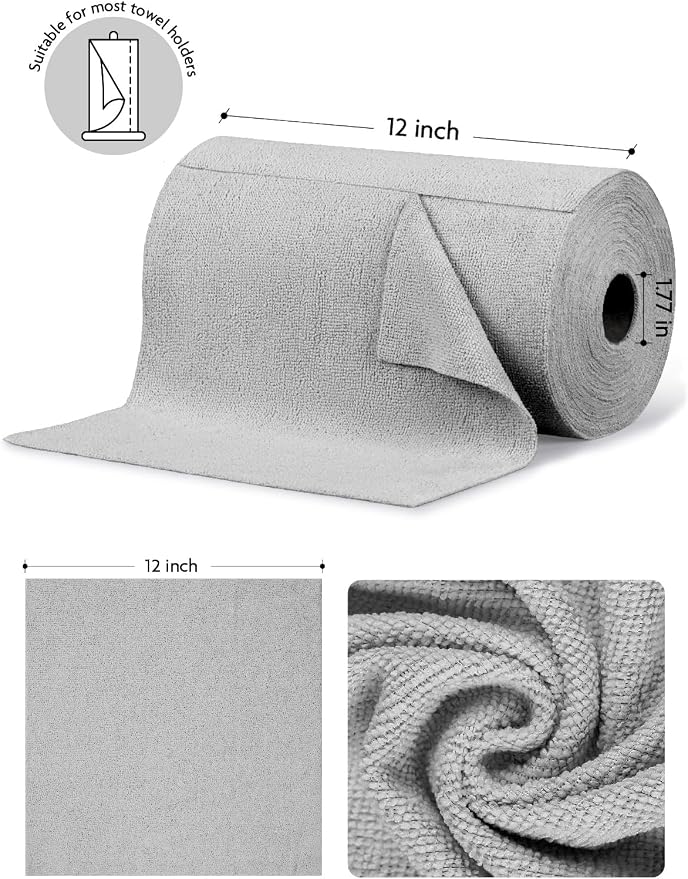 Fantasticlean Microfiber Cleaning Cloth Roll- 75 Sheets, 12" x 12" (Grey) | Super Absorbent, Lint-free, Tear-away Microfiber Towel Roll, for All-Purpose Cleaning, Reusable Alternative to Paper Towels