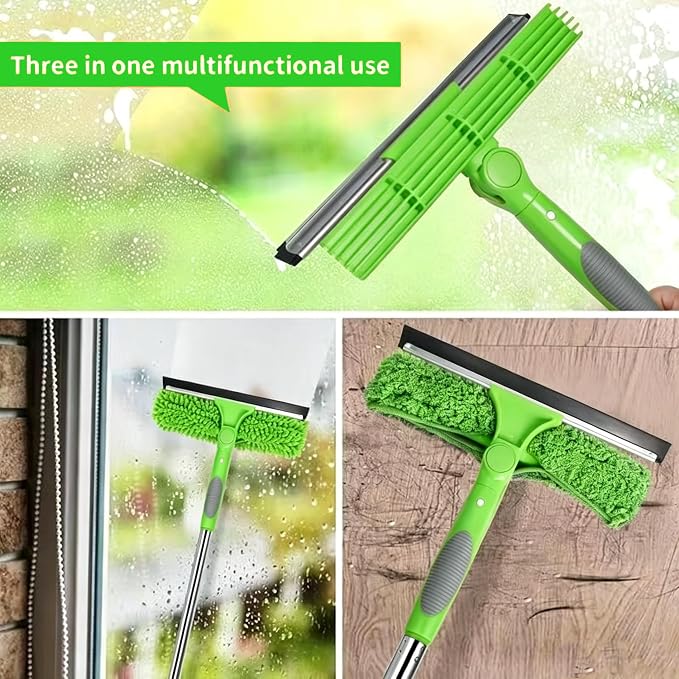 2-in-1 Window Cleaner Tool, 68'' Squeegee for Window Cleaning | Extension Pole, Scrubber with Rotating Head, Streak-Free Squeegee, Thickened Stainless Steel, In/Outdoor Washing Equipment