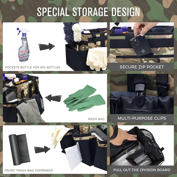 SCAVATA Wearable Cleaning Caddy Organizer with Handle & Shoulder Straps for Housekeepers, Under Sink & Car Cleaning Tool Organizer Bag with 4 Foldable Dividers (Camouflage)
