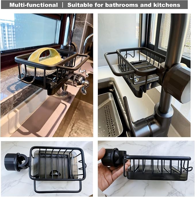Sink Organizer Rack for Kitchen and Bathroom, 2025 New Stainless Steel Detachable Hanging Faucet Drain Rack with Drip Tray Faucet Sponge Holder for Bathroom, Scrubbers, Soap (Black, Left)