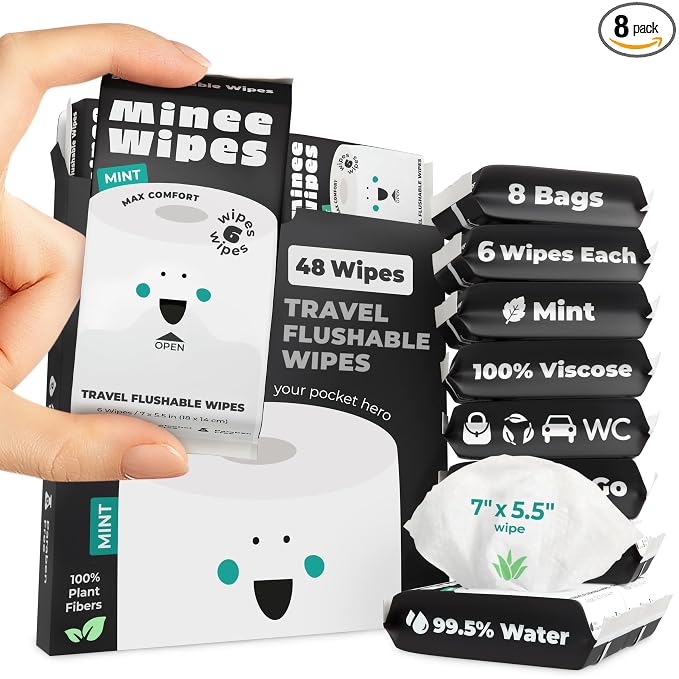 Impossibly Compact Travel Flushable Wipes - 99.5% Water and Aloe - Safe for Sensitive Skin - Travel Essentials for Adults & Kids, Mint, 8 Pack 48 Wipes
