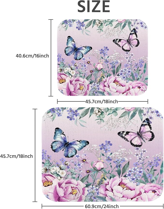 Dish Drying Mat for Kitchen Counter 16x18 Inch, Super Absorbent Dish Drainer Mat, Decorative Microfiber Dishes Drying Pad-Small(Purple Butterfly)