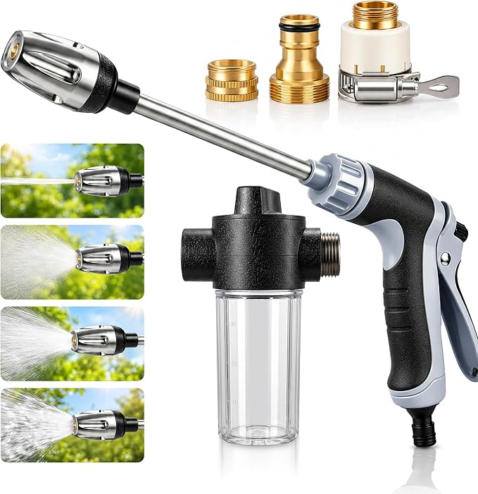 2026 Portable High Pressure Hose Nozzle with Foam Cannon (Grey) | Fits 3/4" Garden Hose, 9.8" Wand, Locking Trigger for Car Washing, Pet Rinsing, Garden Watering & Outdoor Cleaning