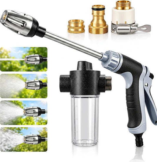 2026 Portable High Pressure Hose Nozzle with Foam Cannon (Grey) | Fits 3/4" Garden Hose, 9.8" Wand, Locking Trigger for Car Washing, Pet Rinsing, Garden Watering & Outdoor Cleaning