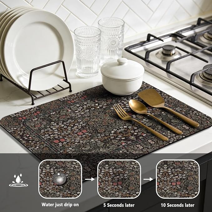 Vintage Floral Dish Drying Mat 12x20 Inch, Dish Mat Drying Kitchen Mats for Extra Large Absorbent Countertop, Aesthetic Boho Drying Matt Kitchen Counter Washable Heat Resistant Dish Drainer Rack Mat