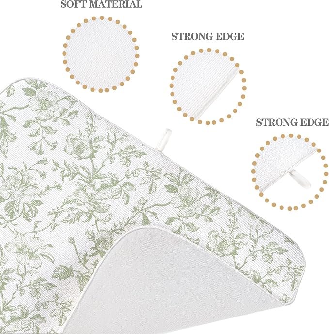 Sage Green Floral Dish Drying Mat 18 x 24 Inch Vintage Light Green Floral Drying Mat for Kitchen Counter Absorbent Spring Summer Flowers Dishes Dry Pad for Drainer Rack Kitchen Fast Dry