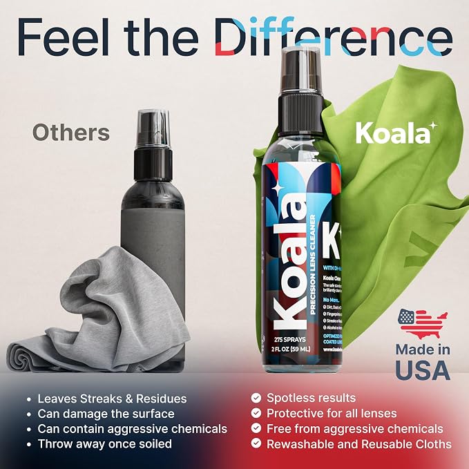 Koala Eyeglass Lens Cleaner Spray Kit | Japanese Microfiber (4 Piece Set) | (2x) Glasses Cleaner Bottle + (2x) Microfiber Cloth | Alcohol Free Eyeglasses, Screen, and Camera Cleaning Kit | Made in USA