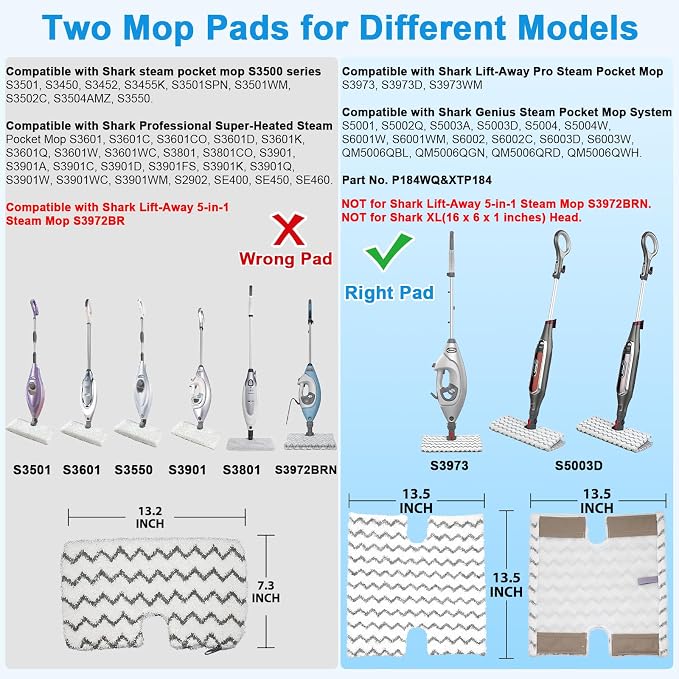 6 Pack Steam Mop Replacement Pads for Shark Genius S5003D S3973D | for Shark Lift-Away Pro Steam Mop S3973 S3973WM S5001 S5002Q S5003A S5004 S5004QW S6001WM S6002 S6003D P184WQ Steamer Pads