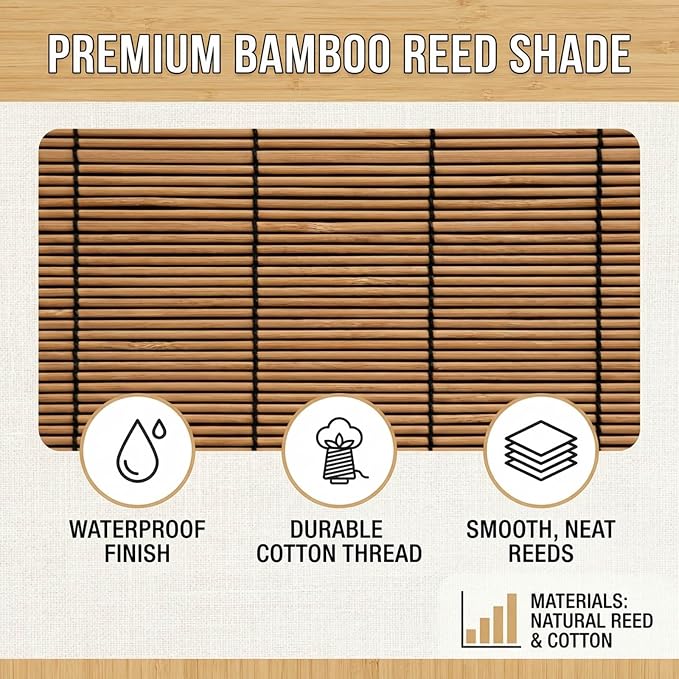 Cordless Bamboo Outdoor Blinds for Patio - Waterproof Reed Roller Shades for Porch Deck, Light Filtering Sun Shade Privacy Screen for Gazebo Pergola Windows, Retro Roman Shade(14" W x 75" H)