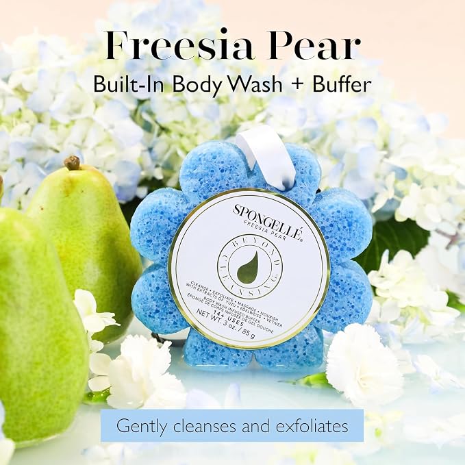 Spongellé Freesia Pear Wild Flower Bath Sponge | Built-in Body Wash & Body Scrubber, Shower Loofah Sponge for Women | 14+ uses