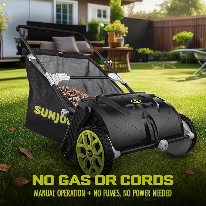 Sun Joe Manual Leaf Sweeper & Lawn Sweeper, 21 in. Push Sweeper with 22-Gal Collection Bag, Adjustable Height, Lightweight, No Battery or Gas Needed