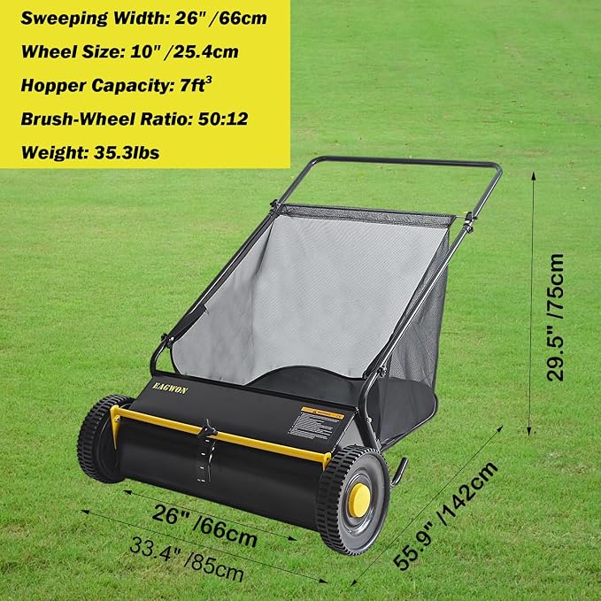 Push Lawn Sweeper, 26-Inch Width, 7 Cu. Ft. Hopper Capacity, 4 Spinning Brushes, Adjustable Height, Durable Steel Frame with Rubber Wheels,Yellow&Black