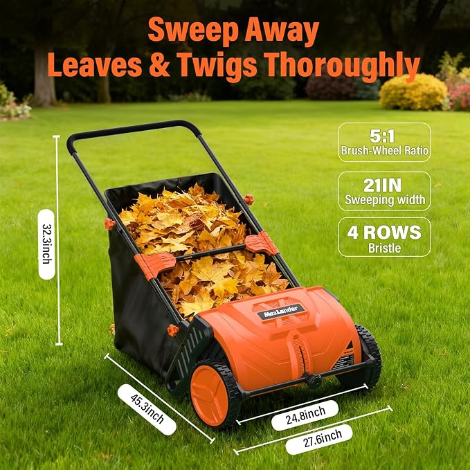 MAXLANDER 21-Inch Push Lawn Sweeper with 3.5 Cu.Ft. Collection Hopper, Manual Leaf & Grass Sweeper, Adjustable Brush Height for Lawn, Yard and Garden Cleanup Grass Catchers