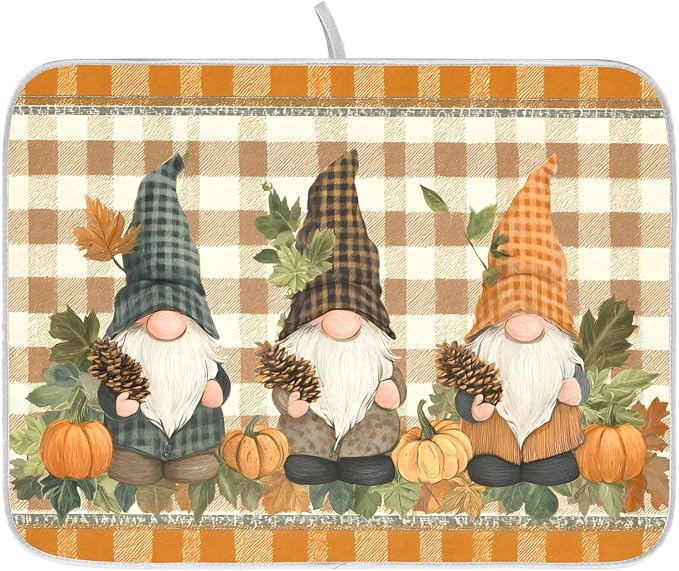 Fall Pumpkin Gnomes Maple Leaves Autumn2 Dish Drying Mat for Kitchen Counter Absorbent Microfiber Large Drying Pad Dish Mats for Kitchen Countertops 18 x 24 Inch