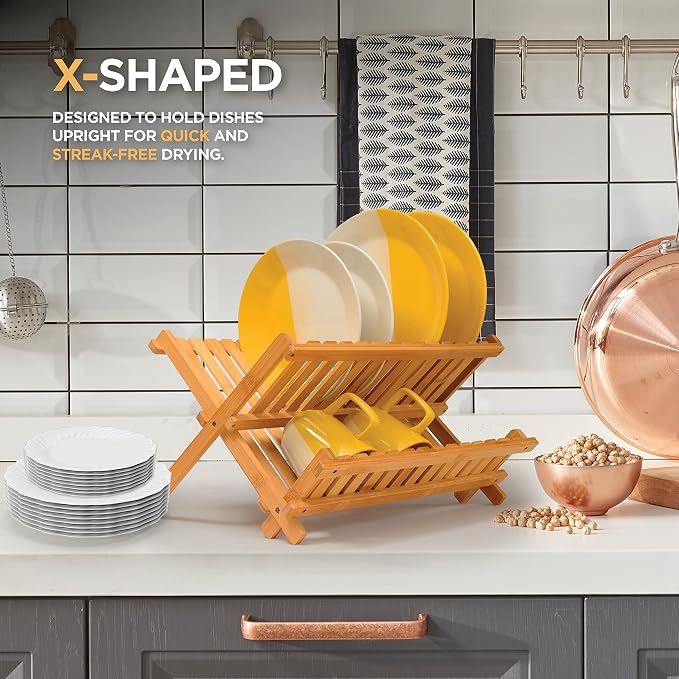 Collapsible Dish Drying Rack 2-Tier Bamboo Dish Drainer for Kitchen Counter | Foldable Wooden Dish Rack, Small Kitchen Drying Rack, Dish Strainer, Holds Plates Cups Bowls Utensils, No Assembly