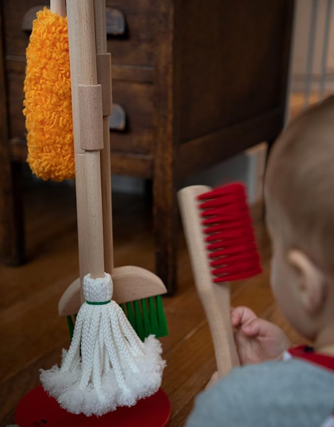 JustForKids Kids Cleaning Set, 6 Pieces - Wooden Pretend-Play Housekeeping Toy with Broom, Mop, Brush, Duster, Dustpan & Hanging Stand, STEM Learning Toy for Toddlers & Kids, Boys & Girls, Multicolor