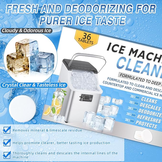 Ice Machine Cleaner Tablets Descaler 36 Pack, Countertop Ice Maker Cleaner Tablets, Nickel Safe, Effective Remove Hard Water & Mineral Buildup for Countertop, Nugget Ice Makers,Crystal Clear Ice