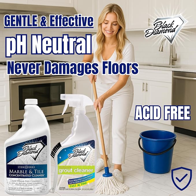 Black Diamond Stoneworks Ultimate Grout Cleaner with Brush + Marble & Tile Cleaner (2-Pack) – Safe for Natural Stone, Acid Free Deep Cleans Grout, Restores Shine to Marble, Granite, Travertine & Tile