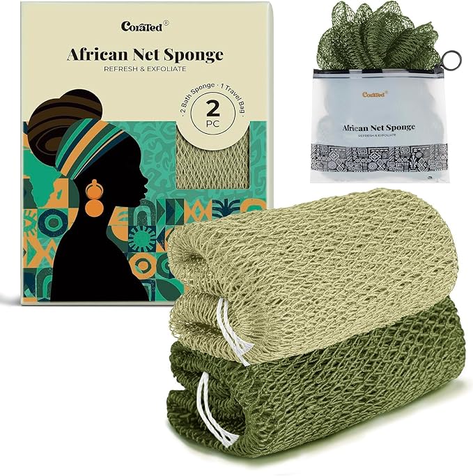 CORATED African Net Sponge Authentic, Shower Loofah Exfoliating Bath Sponge, Body Scrubber for Women Daily Use Body Care, Travel Portable Bath Accessories for Bathroom (Olive Green & Light Green)