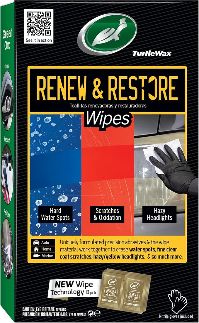 Turtle Wax 54349 Renew and Restore Wipes, Car Paint Scratch Removal, Works on Water Spots, Headlight Oxidation, Glass, Metal and More, Pack of 8 Wipes