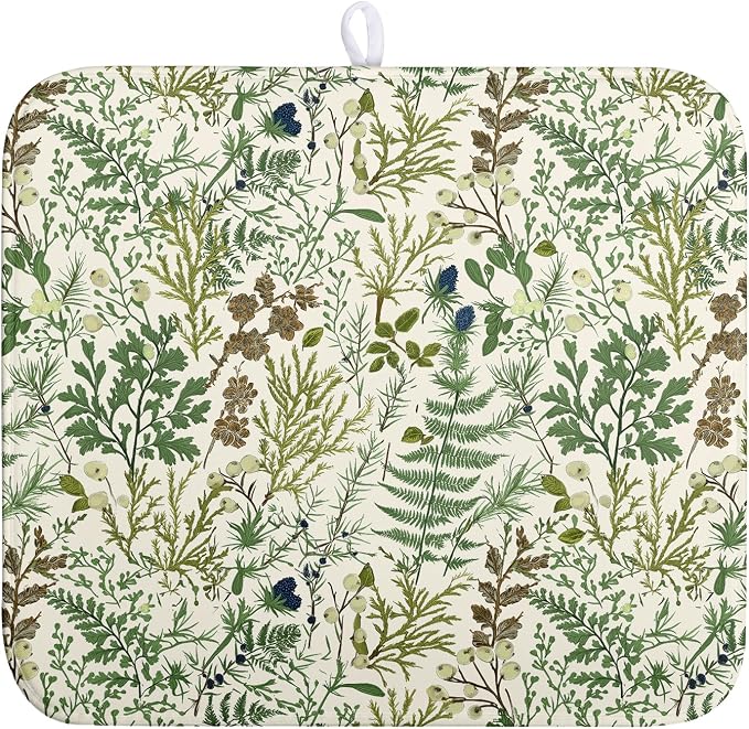 Sage Green Botanical Floral Dish Drying Mat for Kitchen Counter Vintage Herbs Fern Leaves Plant Drying Mats Absorbent Microfiber Dishes Drainer Mats Washable Dish Draining Pad Medium 16"x18"