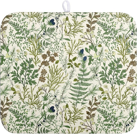 Sage Green Botanical Floral Dish Drying Mat for Kitchen Counter Vintage Herbs Fern Leaves Plant Drying Mats Absorbent Microfiber Dishes Drainer Mats Washable Dish Draining Pad Medium 16"x18"