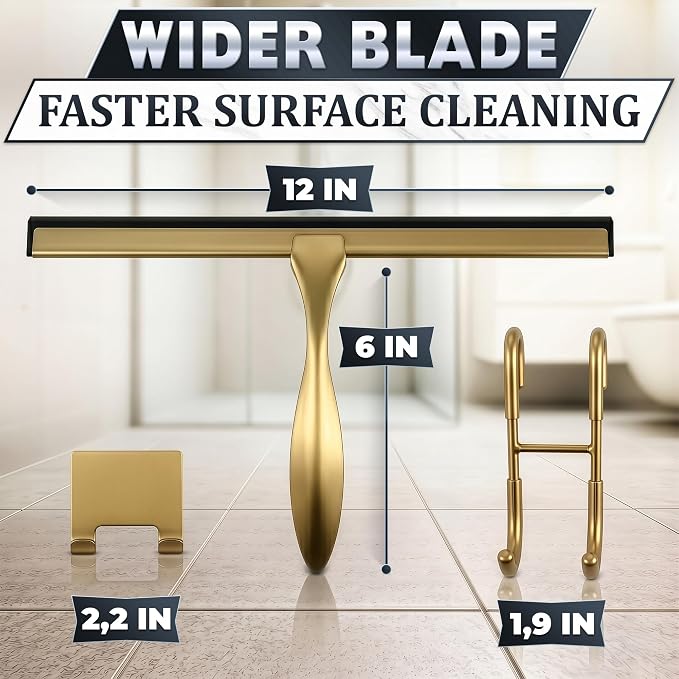 Gold Squeegee for Shower Glass, 12" Silicone Blade, Stainless Steel | Shower Door Squeegee with Hook, Adhesive Mount; All-Purpose Bathroom Tile, Mirror, & Window Wiper for Streak-Free Cleaning