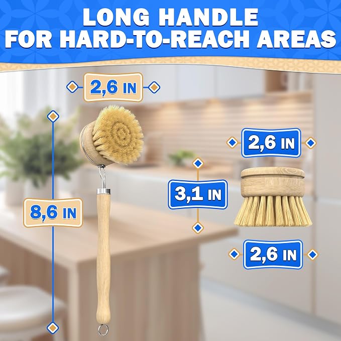 5 Pcs Bamboo Dish Brush Set, Non-Scratch Bristles, Replacement Head | Bamboo Dish Scrubber for Pots, Bottles & Vegetables; Soft for Delicate, Stiff for Stuck-On Messes; Bottle Brush Included