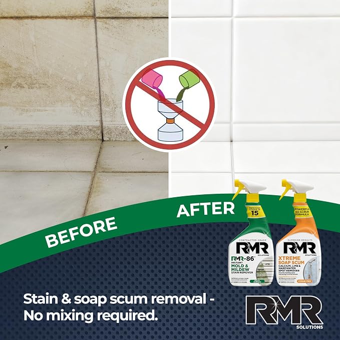 RMR Instant Mold & Mildew Stain Remover Spray + Xtreme Soap Scum Remover, No-Scrub Indoor/Outdoor Cleaning System for Bathroom, Shower, Siding, & Deck, 2–32 Oz Bottles