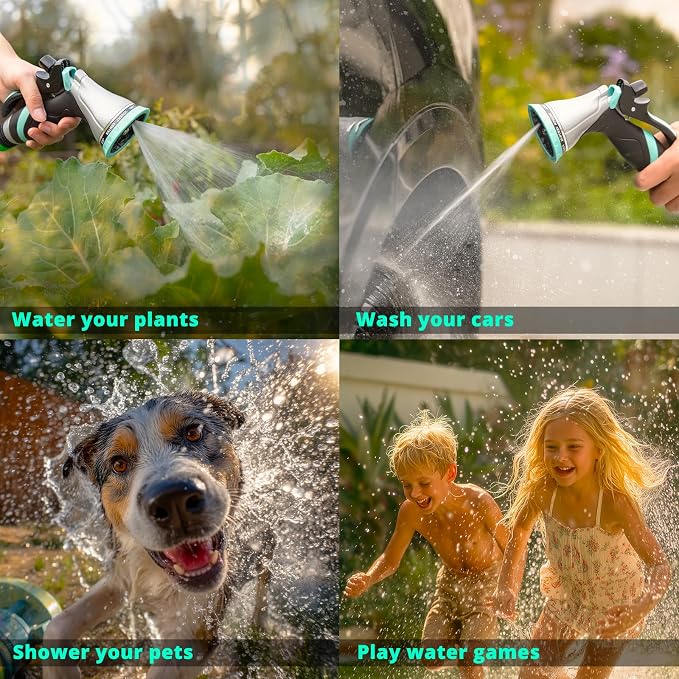 QUOBAS Metal Garden Hose Nozzle, Heavy Duty Water Hose Sprayer, Leak Proof | 10 Pattern Water Nozzle with Rubber Gasket, Garden Sprayer for Watering Plants, Washing Cars, Pet Shower, Blue, 2-Pack