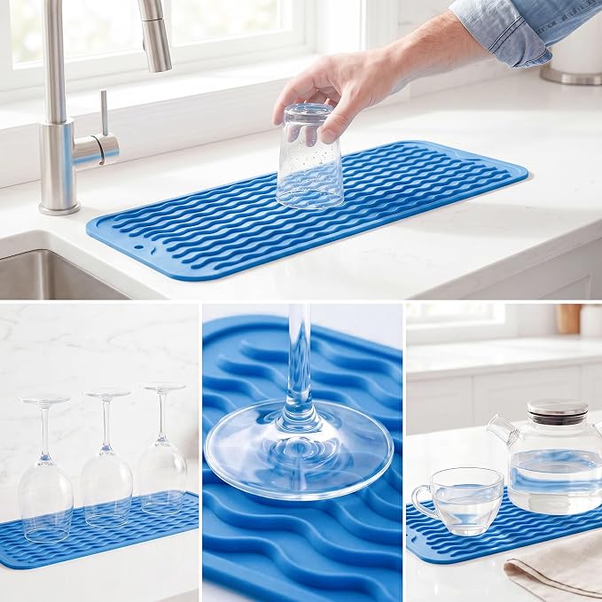 MicoYang Silicone Dish Drying Mat for Multiple Usage,Easy clean,Eco-friendly,Heat-resistant Silicone Mat for Kitchen Counter,Sink,Bar,Bottle,or Cup Lichen Blue M 17 inches x 6 inches