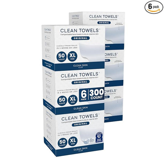 Clean Skin Club Clean Towels XL®, 100% USDA Biobased Face Towel, Disposable Face Towelette, Eczema Association Accepted, Makeup Remover Dry Wipes, Ultra Soft, 50 ct per pack, 6 Packs, 300 Ct Total