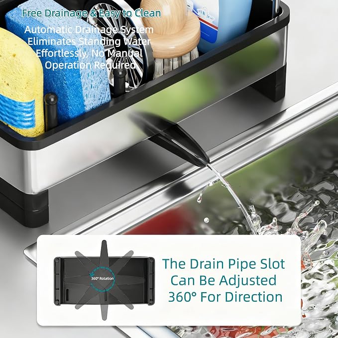 304 Stainless Steel Sink Caddy with Auto-Drain, Rustproof Sink Organizer, Sponge Holder with Removable Brush Holder & Towel Rack, Countertop Storage for Dish Soap Dispenser, Kitchen Sink Accessories