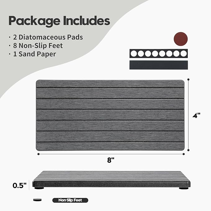 Razborci 2PCS Diatomite Water Absorbing Stone Drying Tray Mat for Bathroom & Kitchen Counter, Instant Dry Drink Bar Coaster, Vanity Sink Caddy Organizer, Dish Soap Sponge Holder, Dark Gray, 8"x3.8"