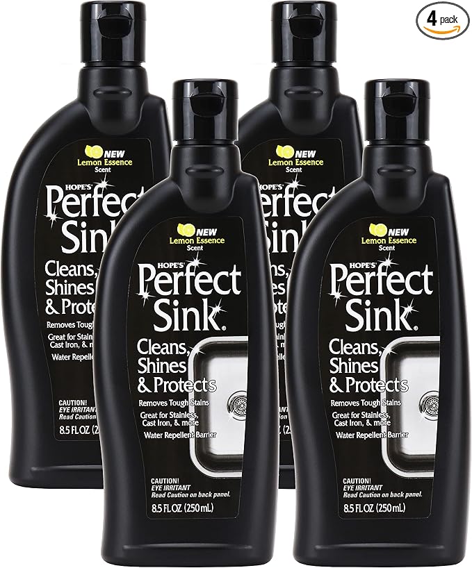 HOPE'S Perfect Sink Cleaner and Polish, Restorative, Water-Repellant, Removes Stains, Ideal for Brushed Stainless Steel, Cast Iron, Porcelain, Corian, Composite, Acrylic, 8.5 oz 4 Pack